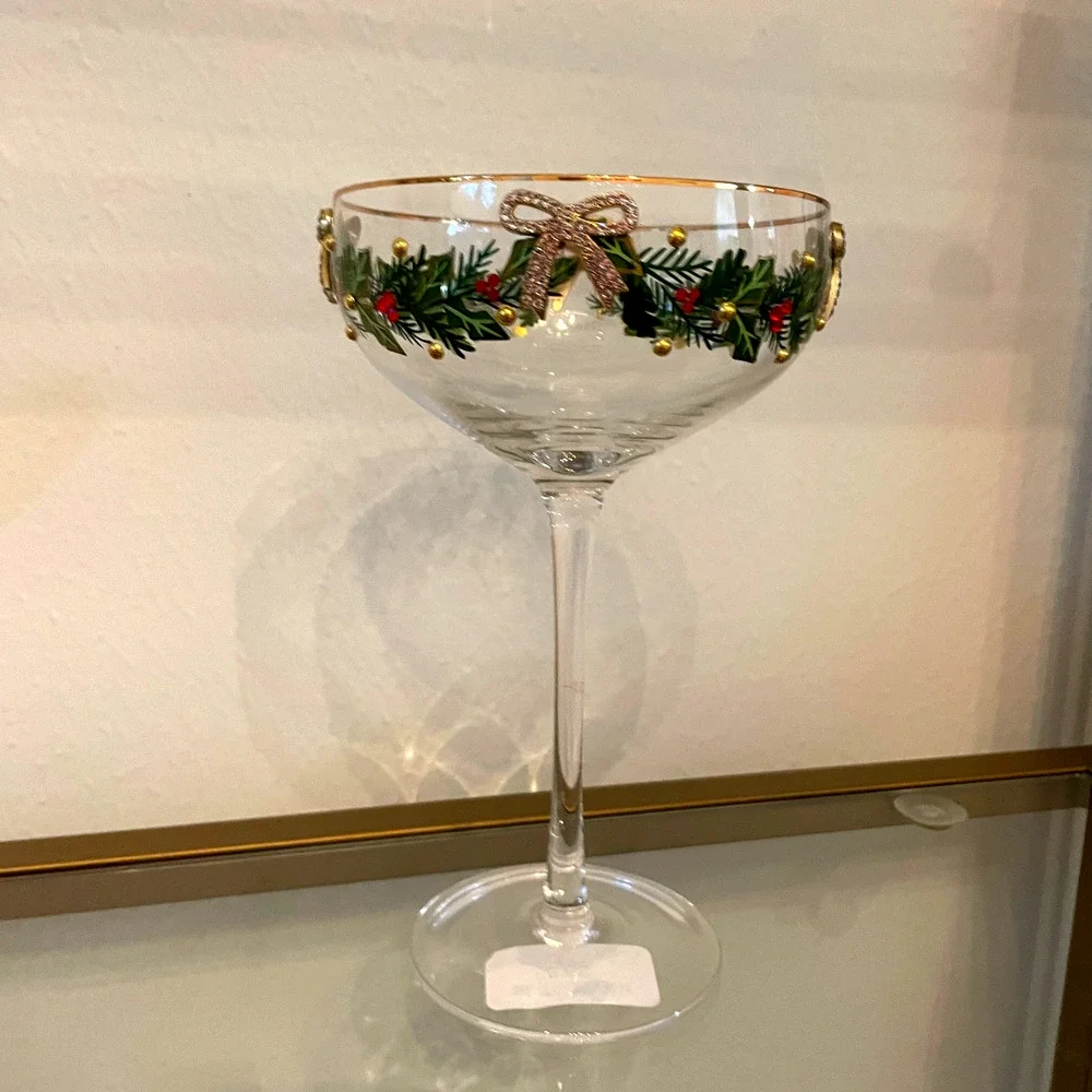Christmas COUPE GLASSES Hand Painted & Jeweled Gold Bows Holly Garland Set of 2